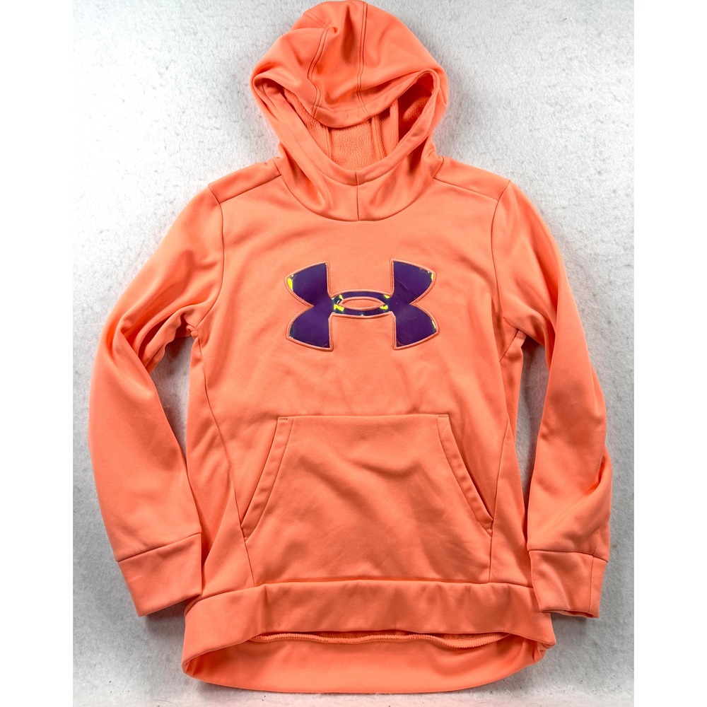 Under Armour Girls Big Logo Fleece Hoodie Coral Orange Purple Youth Medium